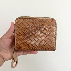 Cole Haan Vintage Camel Brown Leather Woven Wallet w Change Purse 3 Sided Zip